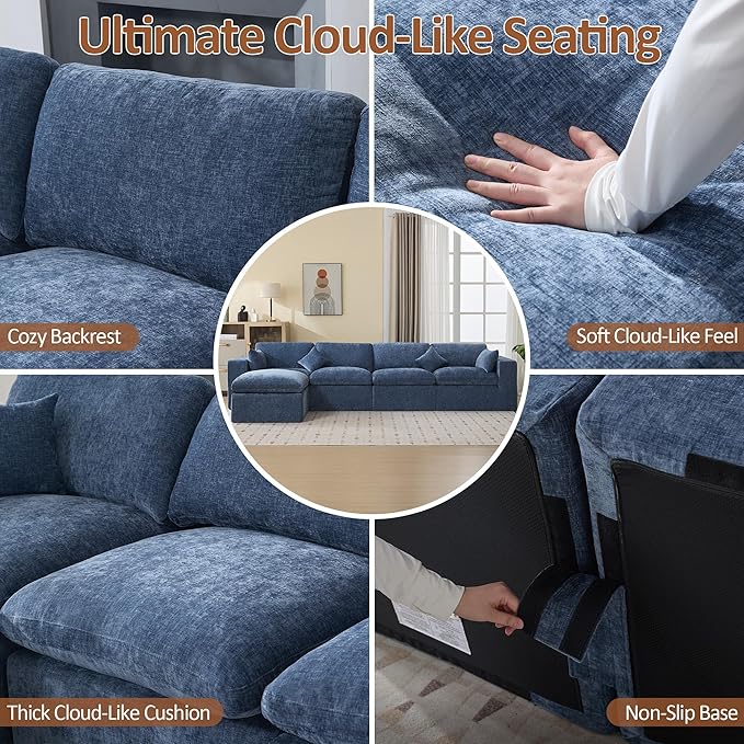155''Cloud Boneless Sectional Couch, Modular Sectional Sofa Deep Seat with Ottoman, Oversized Upholstered Convertible Comfy 5 Seater Chenille Sofa L Shape Couches for Living Room, Blue