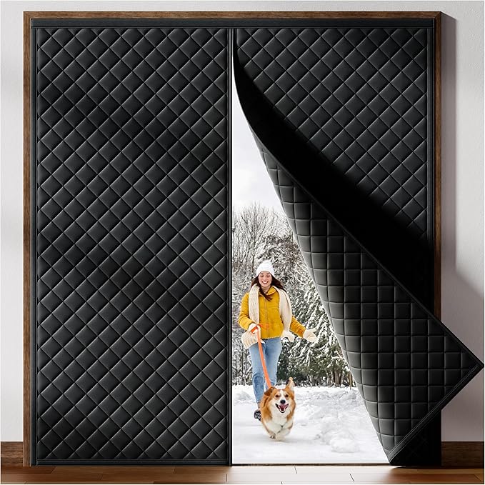 Magnetic Thermal Insulated Door Curtain Fit Door Size 72" x 80", Quilted Oxford Fabric Thicken Cotton Fill, Winter Door Cover Keep Cold Draft Out, Blanket Insulation for Front Patio Doors Black