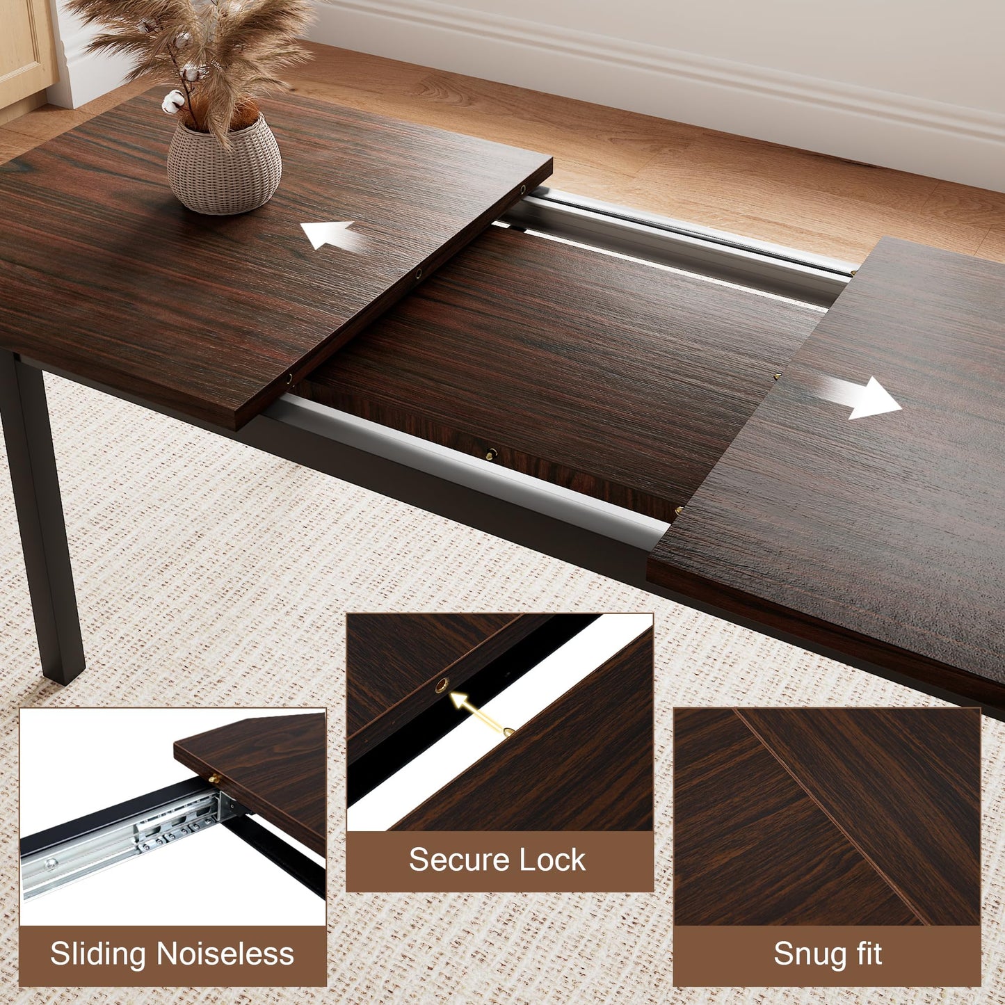 Einhomn 5 Pieces Dining Room Table Set for 4-6, 63' Extendable Kitchen Table Set with 2 Benches & 2 Stools, Small Dining Table Set with Metal Frame & MDF Board, Espresso