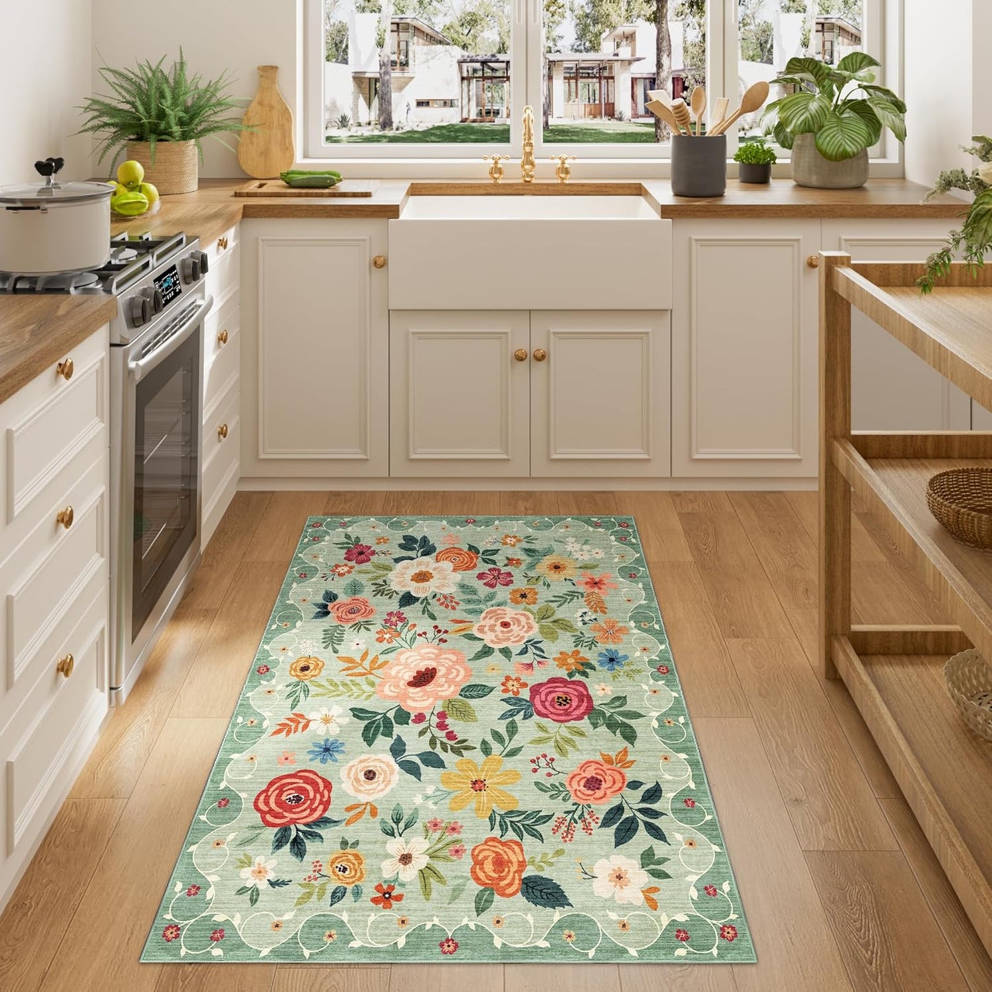 DUKINO 3x4 Area Rug, Lightweight Non Slip Washable Floral Rug, Indoor Low Pile & Non-Shedding Boho Design Carpets for Bedroom, Kitchen, Dining Room, Green