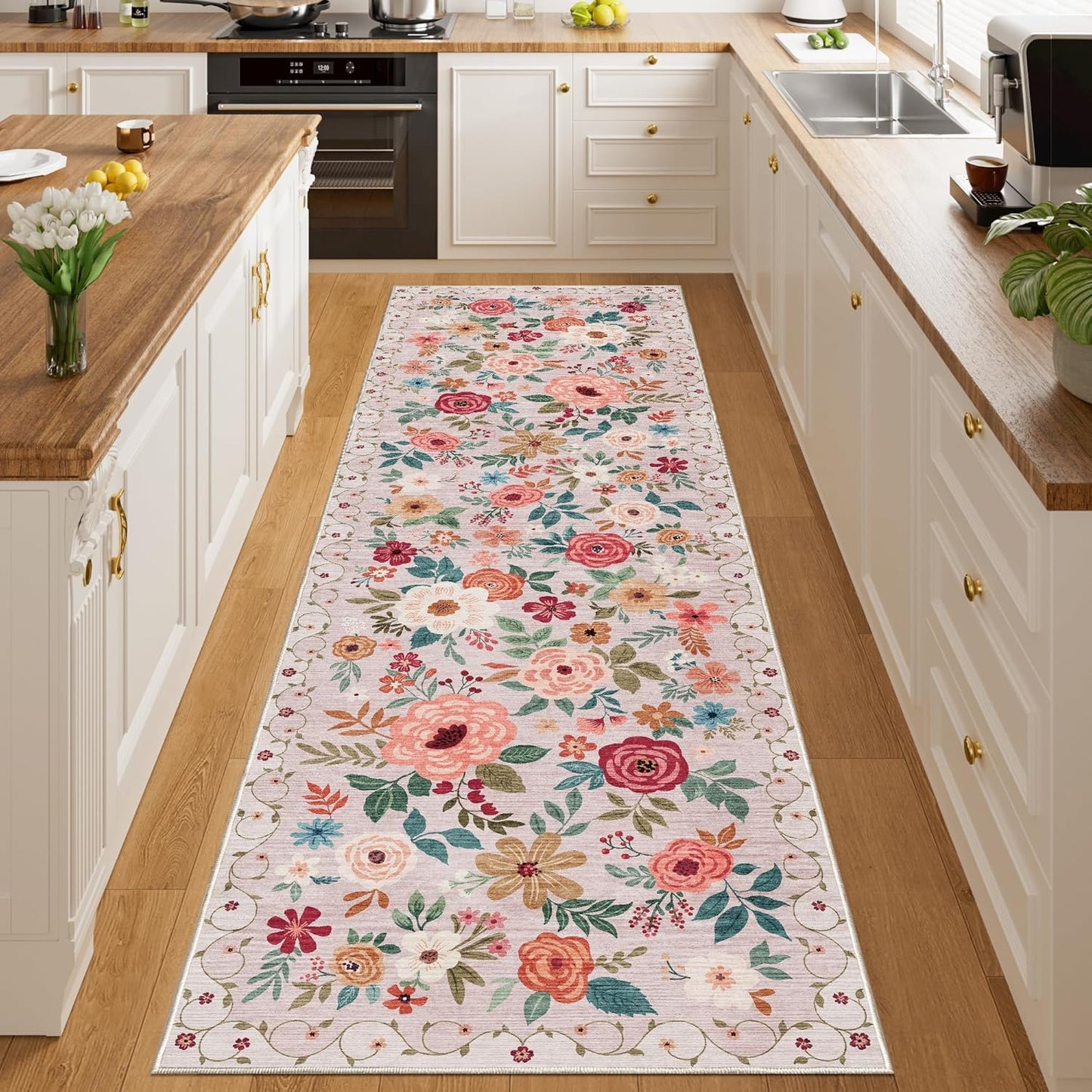 DUKINO 3x10 Runner Rug for Hallway, Washable Kitchen Floral Runner Rug with Non Slip Backing, Low Pile Soft Boho Carpet for Kitchen, Hallway, Entryway, Laundry, Bedroom, Beige