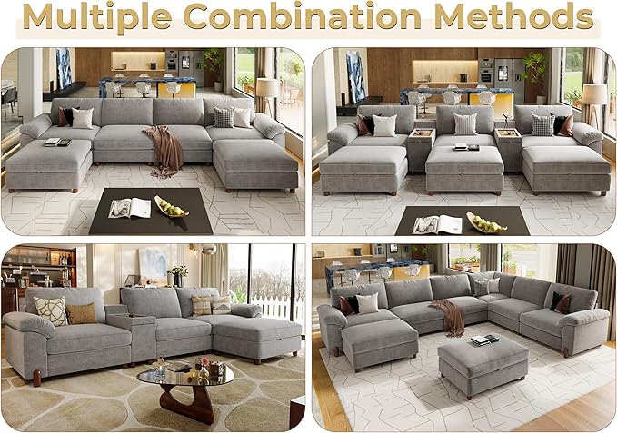 SITJOY 149" Oversized Sectional Couches for Living Room, Extra Large Deep Seat Modular Sofa with Washable Covers, 4 Seater U Shaped Couch with Chaise, Storage Ottoman, Chenille in Light Gray