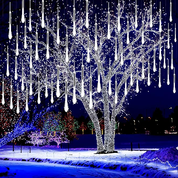 Kwaiffeo Christmas Lights Outdoor, 8 Tubes Meteor Shower Lights LED Snow Falling Icicle Cascading Light for Xmas Tree Wedd...