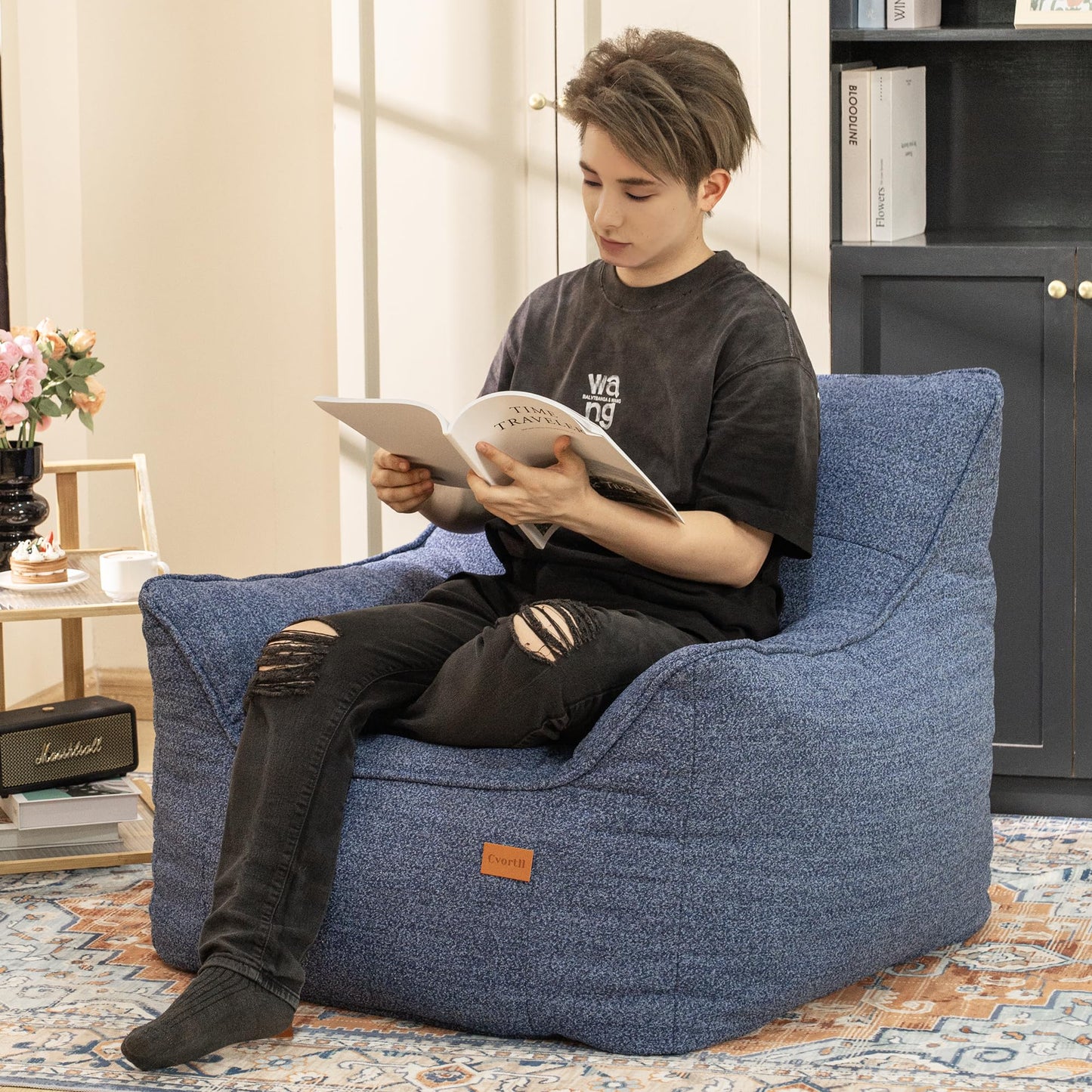 Cvortll Bean Bag Chair for Adults, Comfy Tufted Bean Bag Chair Sofa with Armrests, Lazy Beanbag Chair with Foam Filler Stuffed Bean Bag Couch Sofa for Reading in Bedroom, Living Room and Dorms