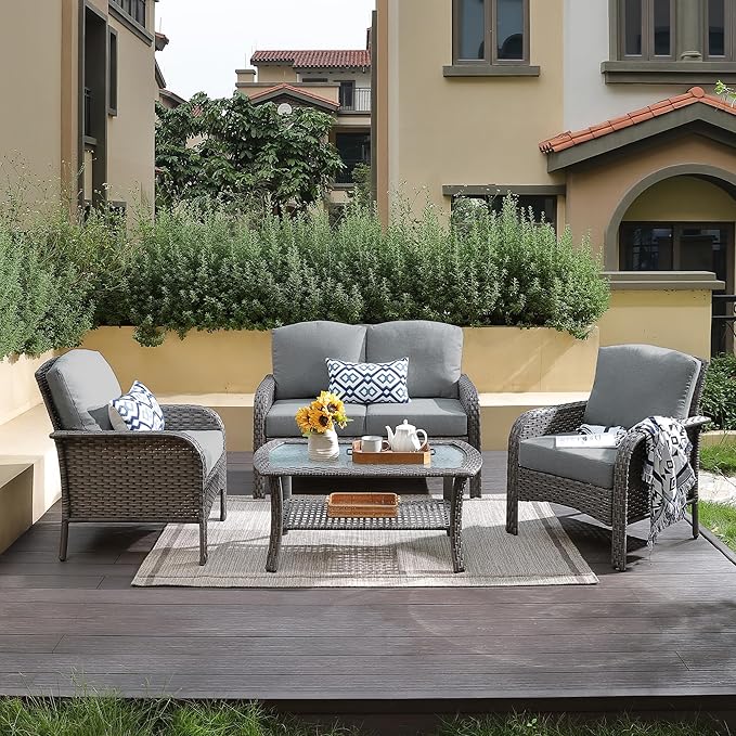 CAODOC 4-Piece Wicker Patio Furniture Set, All-Weather Rattan Conversation Bistro Loveseat Chair and Table Set for Backyard, Balcony and Deck with Soft Cushions and Metal Table(Dark Gray)