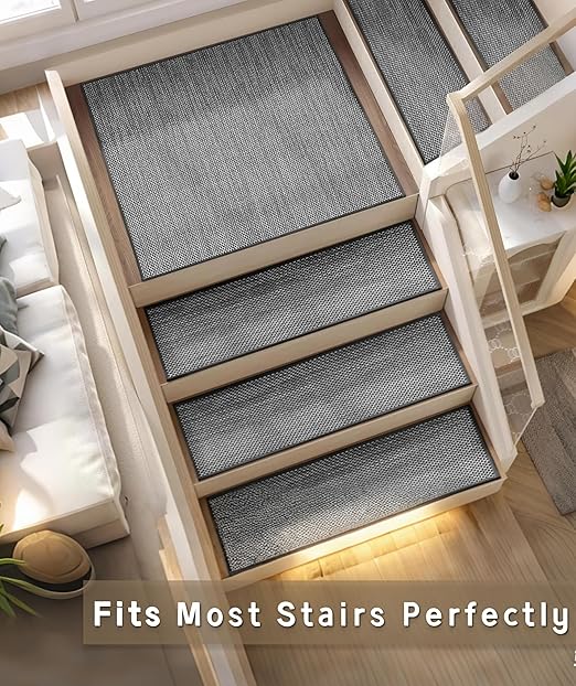 Natural Linen Stair Treads for Wooden Steps, 15 Pcs 8" x 30",Non Slip Stair Runner, Peel and Stick Carpet Indoor for Kids Elders and Pets (15, Black, 8" x 30")