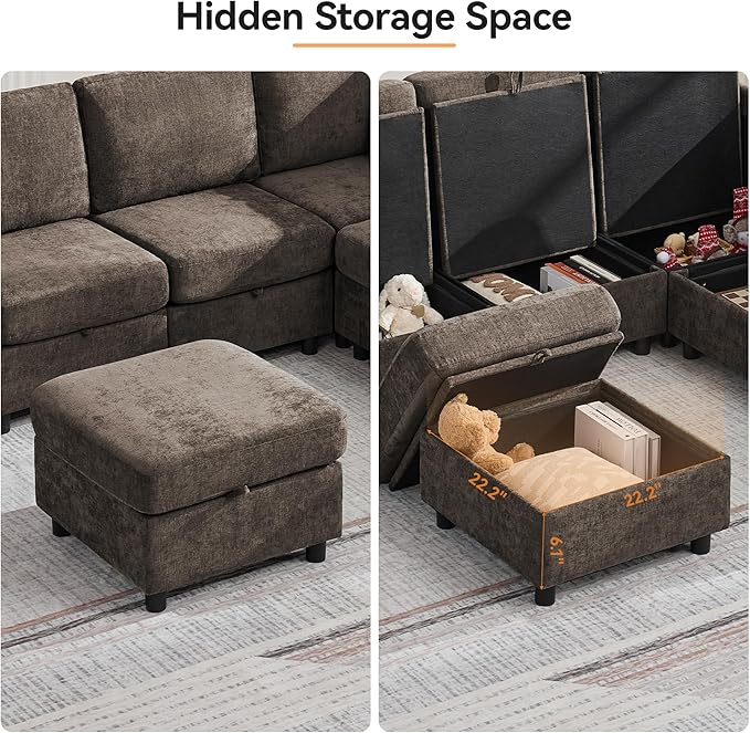 104'' U Shaped Modular Sofa, Sectional Couches with Storage for Living Room, Oversized 8 Seater Cloud Sectional Couch, Chenille Brown