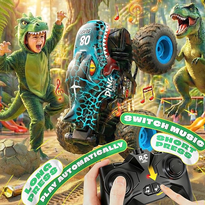 BEZGAR Monster Truck Toys - Remote Control Monster Truck with Light & Music, Dinosaur Toys for Kids, 1:20 Scale RC Truck with 360° Spins and Drifting, Remote Control Car for Boys 4-7 Blue