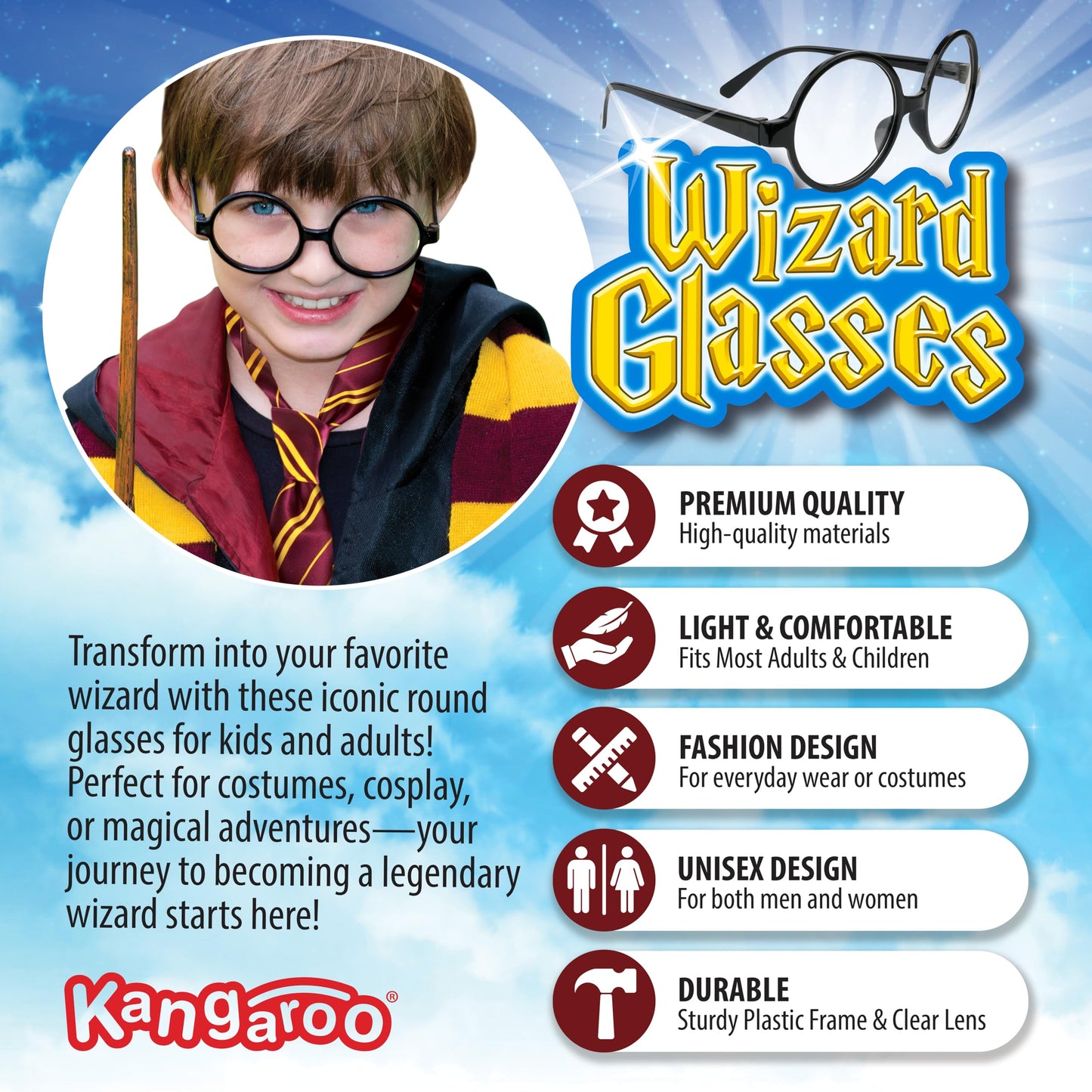 Kangaroo Round Wizard Glasses – Round Harry Potter Glasses for Kids – Black-Rimmed Round Glasses – Nerd Glasses for kids Halloween Party - Wizard Costume Plastic Glasses for Adults, Men and Women