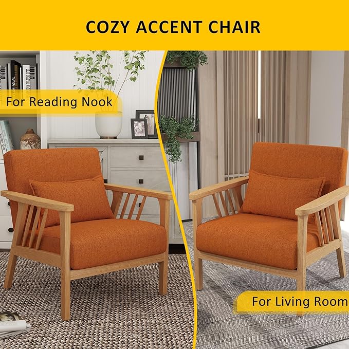 SEYNAR Mid-Century Accent Chair, Linen Fabric Armchair and Lounge Chair with Lumbar Pillow, Wide Seat & Solid Wood Frame for Living Room, Bedroom or Balcony (Orange)