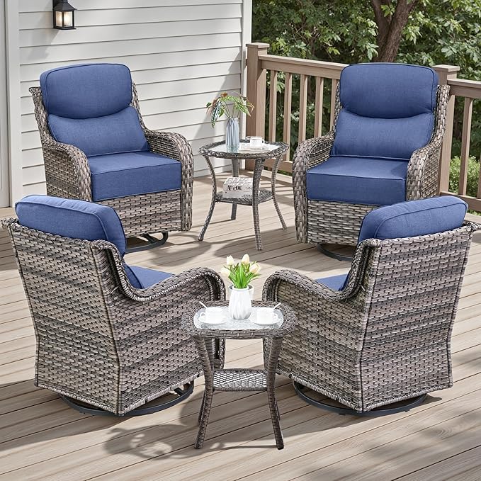 Rilyson Outdoor Patio Furniture Set - Weather Resistant Wicker,High Back,6 inch Cushions,6 Piece Patio Furniture Set with Swivel Rocker Chairs and Side Table for Deck Porch Yard,Mixed Grey/Blue