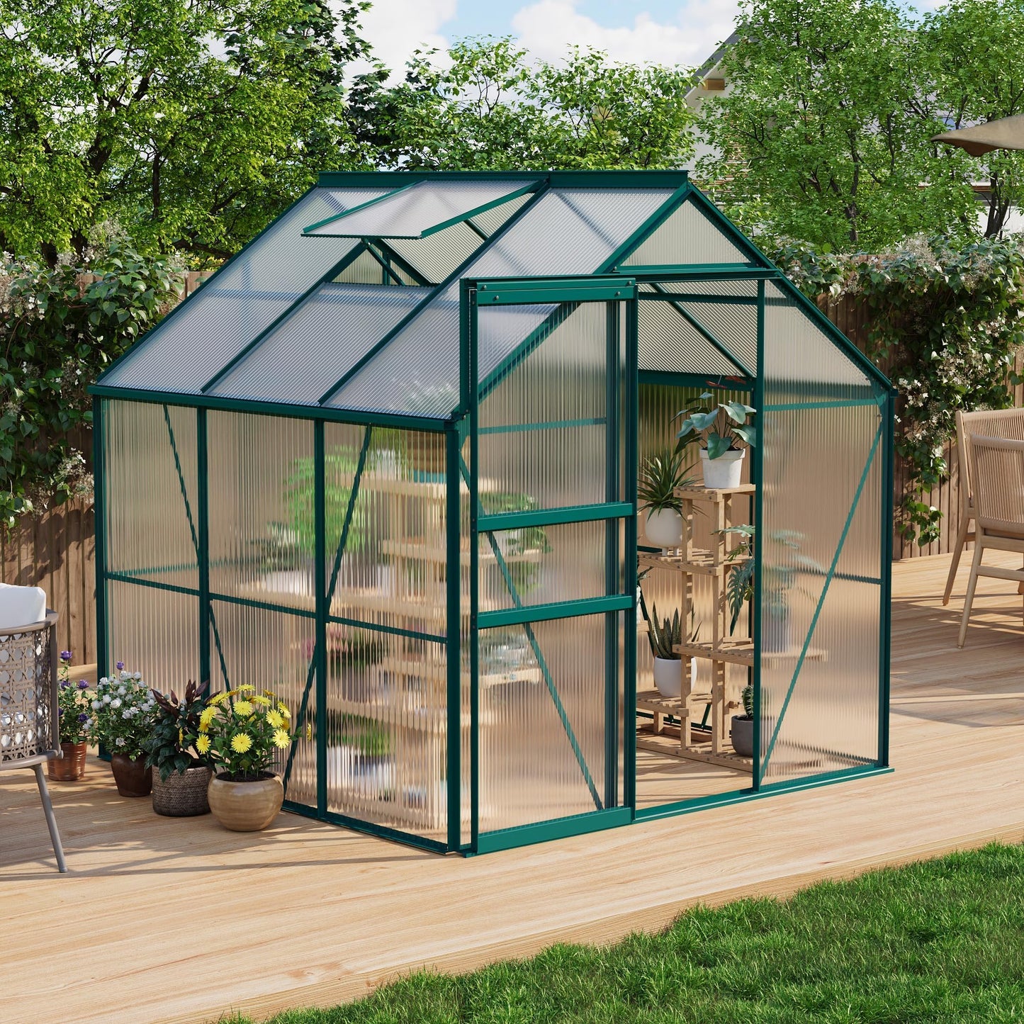 GAOMON Greenhouses, Large Walk in Greenhouses for Outdoors and Garden Planting, Polycarbonate Greenhouse with Enhanced Aluminum Frame, Sliding Door＆Adjustable Roof Vent for Winter Use (Green, 6*6FT)