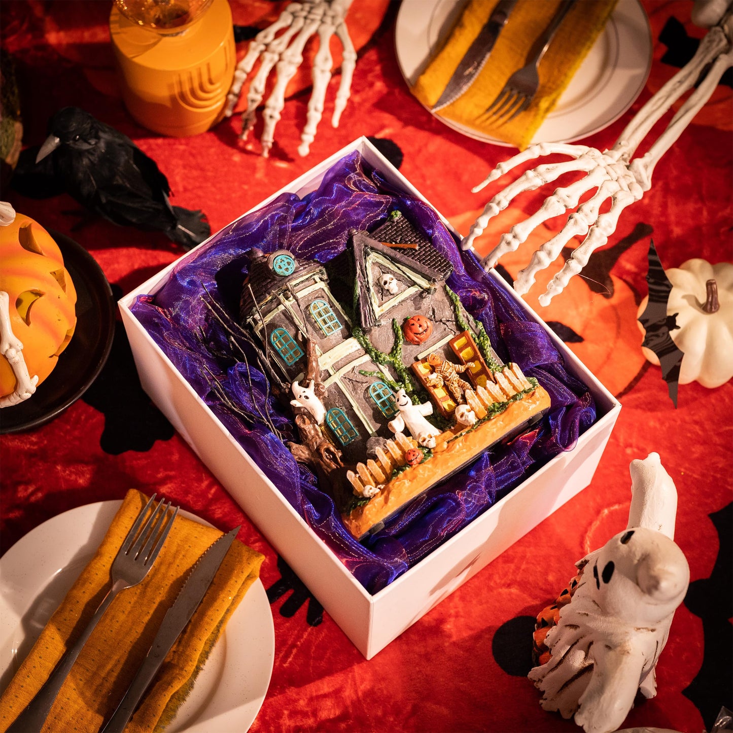 Valery Madelyn Halloween Decorations, Lighted Halloween Village Houses with Music and LED Lights, Resin Spooky Town Mummy's Haunted House for Home and Party Table Desk Mantel, 8 Inch