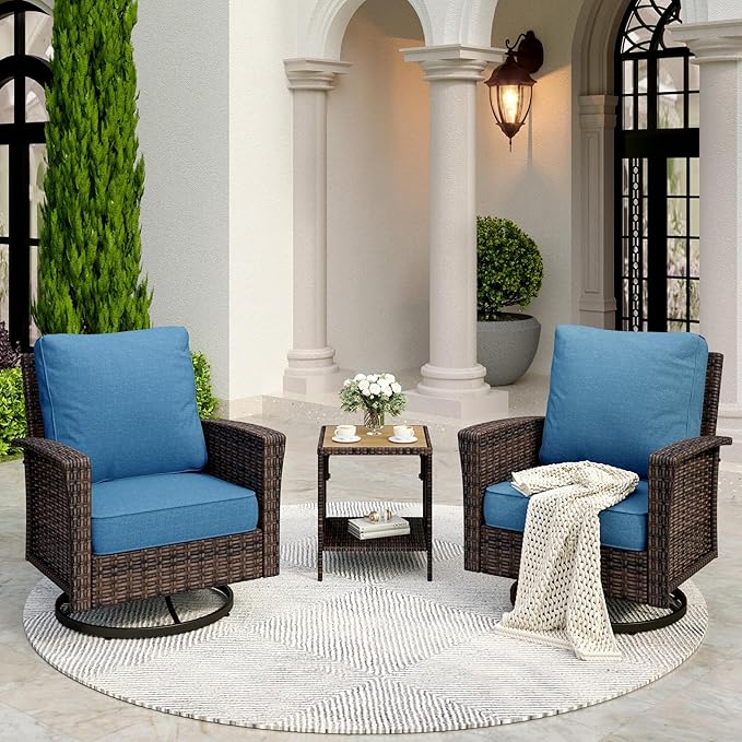 SUNSHINE VALLEY Patio Wicker Swivel Chairs Set of 2, Outdoor High Back Chairs with 5.5" Waterproof Cushions and Side Table, Outdoor Furniture Set for Deck Porch and Yard, Peacock Blue