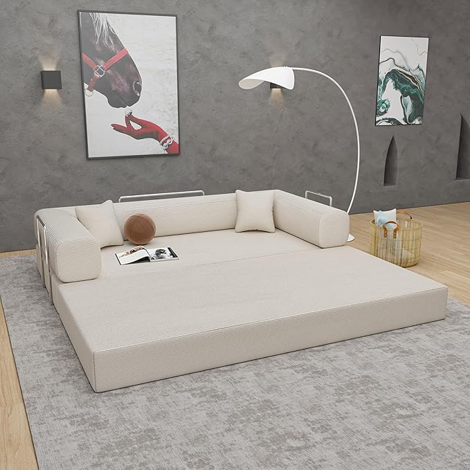Convertible Couch Sofa Bed Foldable Floor Sleeper | Upgraded ALL High-Density 35D Foam | Fold Out Deep Seat Couch | King Size | Compression Sofa Sleeper for Living Room, Bedroom | Corduroy Beige