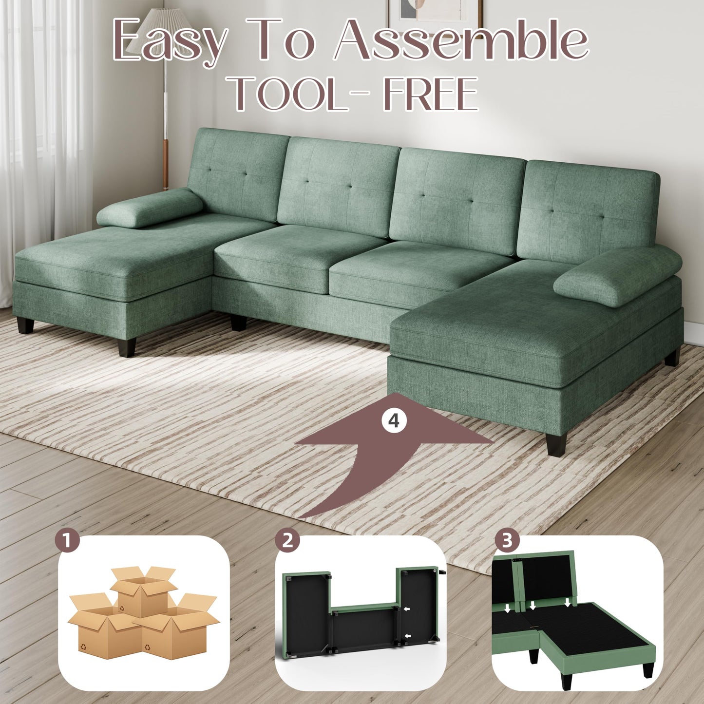 Shintenchi U-Shaped Sectional Couches for Living Room, 4 Seat Sofa with Double Chaise Lounges,Solid Wood Frame Sectional Sofa for Apartment,Green
