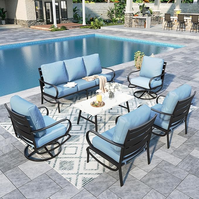 Sophia & William Patio Furniture Sets for 7 Outdoor Conversation Set 6 Pcs with 4 x Armrest Cushioned Sofa Chairs, 1 x 3-Seat Sofa, 1 Marbling Metal Coffee Table Garden Backyard Poolside Blue