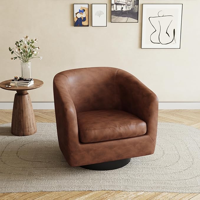 UIXE 360° Swivel Barrel Accent Chair Armchair, PU Leather Round Club Arm Chair for Lving Room, Modern Upholstered Small Bedroom Single Sofa Seat - Coffee Brown, Set of 1