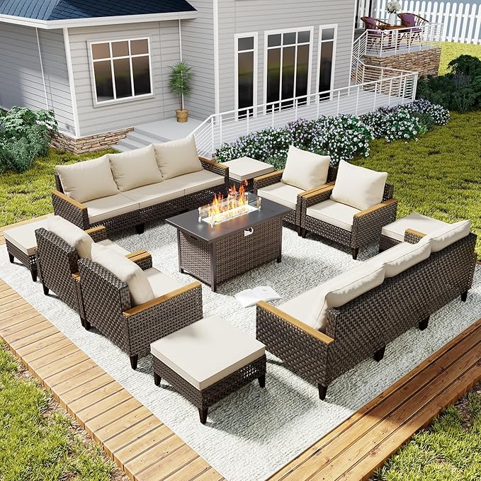 Xmkmvk 15 Piece Patio Sectional Sofa Set with 50000 BTU Fire Pit Table, All-Weather Wicker Rattan Outdoor Conversation Set, High Back, for Garden, Porch, Poolside, Beige