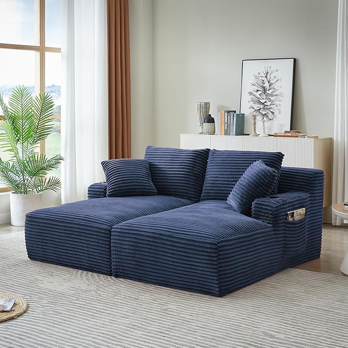 KEIKI Compressible Double Chaise Lounge with Cupholders, Cozy Corduroy Sleeper Loveseat for Bedroom or Reading Nook, Boneless Chaise Lounge Indoor with Supportive Spring Cushions, No Assembly