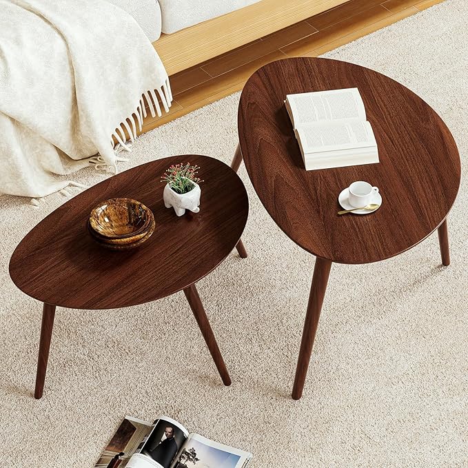 Vadisun Small Oval Coffee Table, 25.6'' Small Mid Century Modern End Table for Living Room, 100% Solid Oak Wood Side Table, Minimalist Display Center Table(Walnut Color, 25.59''Wx17.51''Dx19.68''H)