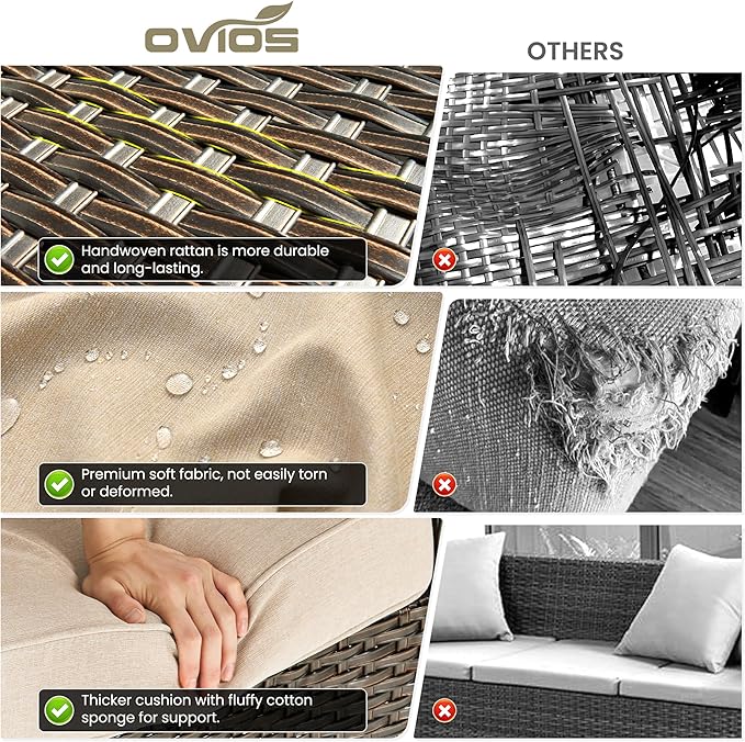 ovios 8 Pieces Patio Furniture Set, Outdoor Wicker Sofa Couch with Swivel Chairs 42" Fire Pit Table, High Back Modern All Weather Conversation Sets, Brown Rattan, Beige