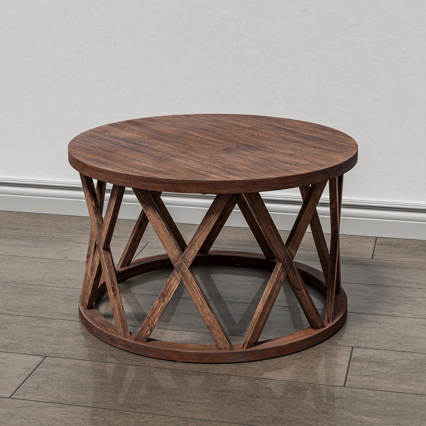 COZAYH Rustic Farmhouse Coffee Table, Round Coffee Table with X-Motifs Legs, Wood Textured Top, for Boho, French Country Decor, Brown