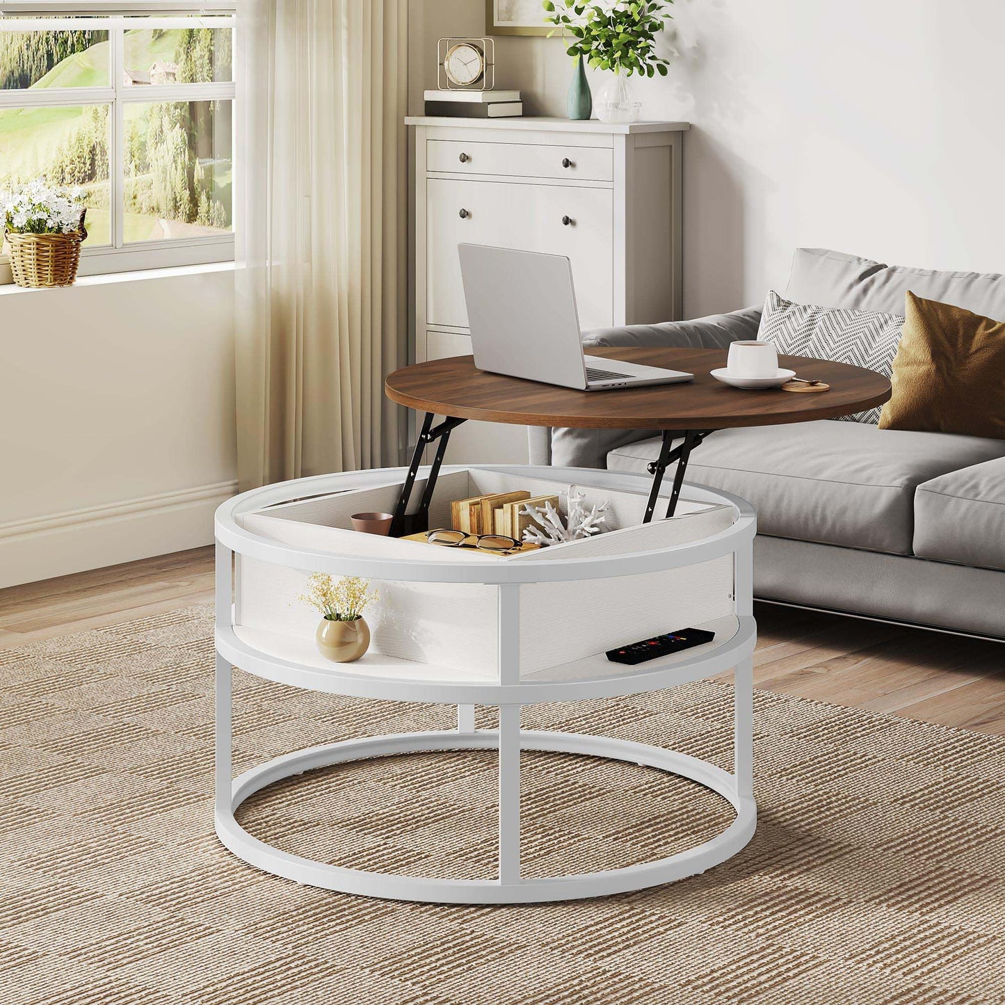 YITAHOME Round Lift Top Coffee Table, Coffee Tables for Living Room with Hidden Storage Compartment, Modern Coffee Table with Storage for Home Office,Round Center Tables Living Room,Brown and White