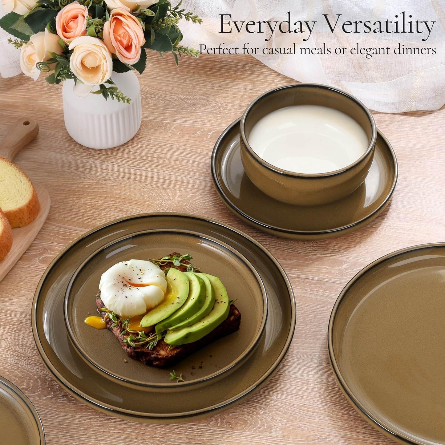 E-far Stoneware Dinnerware Sets for 4, 12 Pieces Reactive Glaze Plates and Bowls Sets, Elegant Dishes with Rustic Terracotta Base, Dishwasher & Microwave Safe, Scratch Resistant, Deep Camel