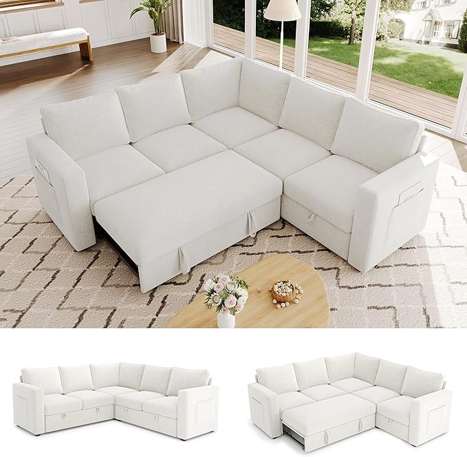 SUAWY 83.5" Sectional Sleeper Sofa with Pull Out Couch, Modern 5 Seat L Shaped Modular Couch, Sectionals Modular Sofa with Storage, Comfy Sectional Couches for Living Room & Apartment, Ivory Beige