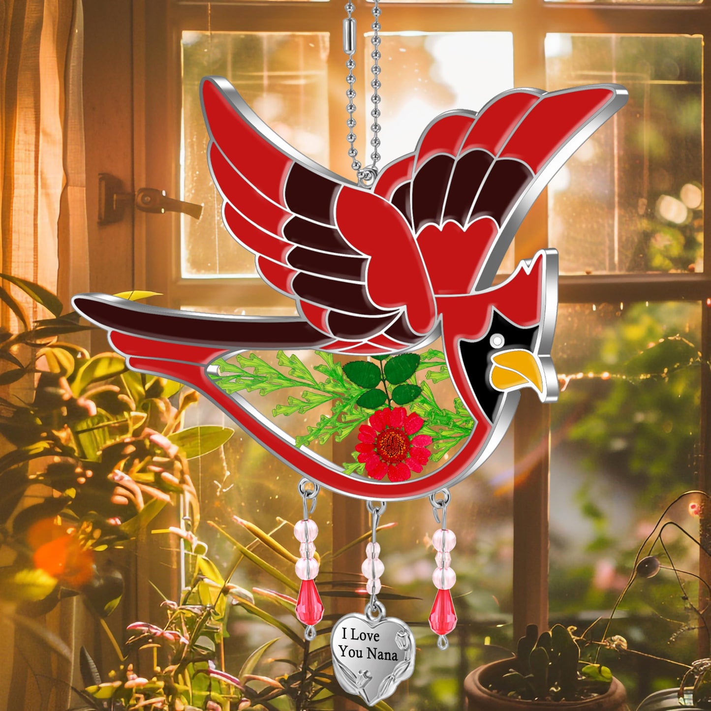 KY&BOSAM Cardinal Suncatcher I Love You Nana Gifts Stained Glass for Windows Hangings Wind Chime Ornament with Pressed Real Flowe and Heart Charm Birthday Gifts for Nana Women Mother's Day Christmas