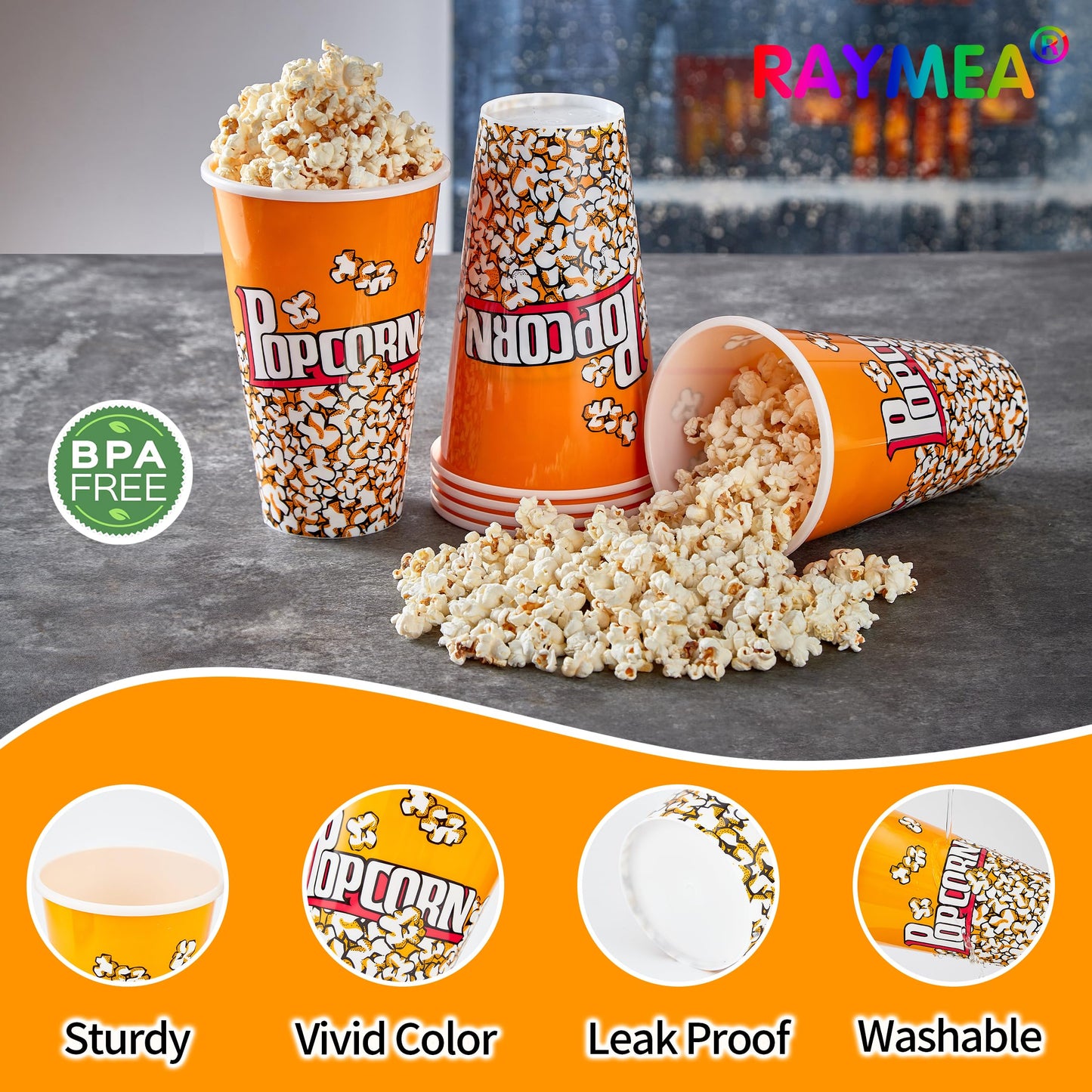 RAYMEA Plastic Popcorn Containers Retro Style Small Reusable Popcorn Buckets for Movie Night-6 Pack