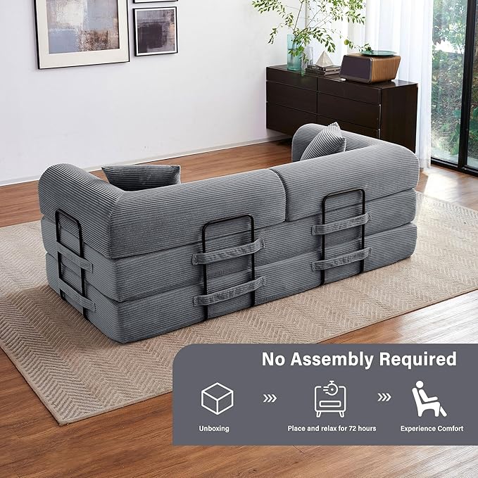 79" 5-in-1 Folding Convertible Sofa Bed, Oversized Corduroy Futon Floor Couch with Pull-Out Sleeper, Modular Boneless Loveseat for Small Spaces, Living Room, Bedroom (Dark Gray)