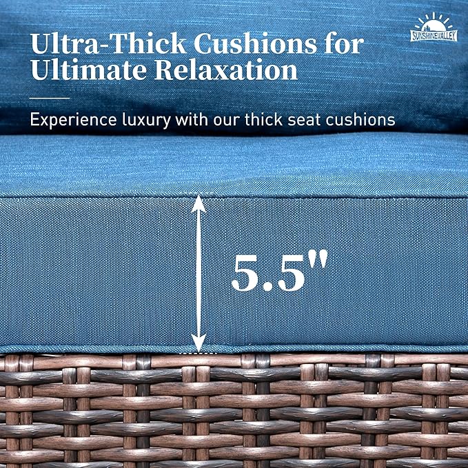SUNSHINE VALLEY Patio Wicker Swivel Chairs Set of 2, Outdoor High Back Chairs with 5.5" Waterproof Cushions and Side Table, Outdoor Furniture Set for Deck Porch and Yard, Peacock Blue