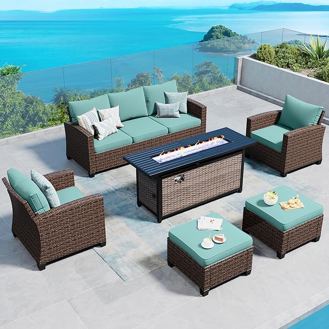 SUNSHINE VALLEY Patio Furniture Set Outdoor Furniture Brown Wicker Rattan Patio Conversation Sets with Cushion Outside Sofa Set,5 Pieces with Rectangular Firepit Table,7 Seats,Blue
