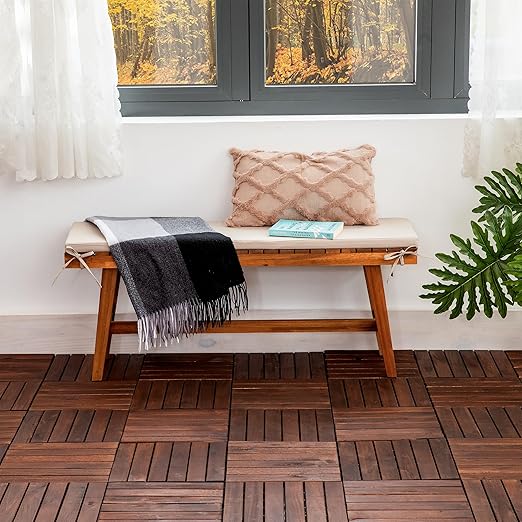 VICTORY RELAX Acacia Wood Decking Tiles 9PCS - Easy Snap Interlocking Deck Tiles for Patio Poolside Balcony Decor - All Weather Waterproof Flooring for Indoor & Outdoor (Round Joints)