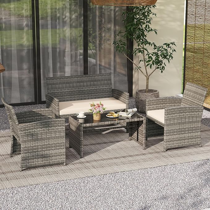 Tangkula 4 Piece Patio Wicker Furniture Set, Outdoor Heavy Duty Rattan Cushioned Chairs, Loveseat and Tempered Glass Coffee Table, for Backyard, Balcony, Poolside
