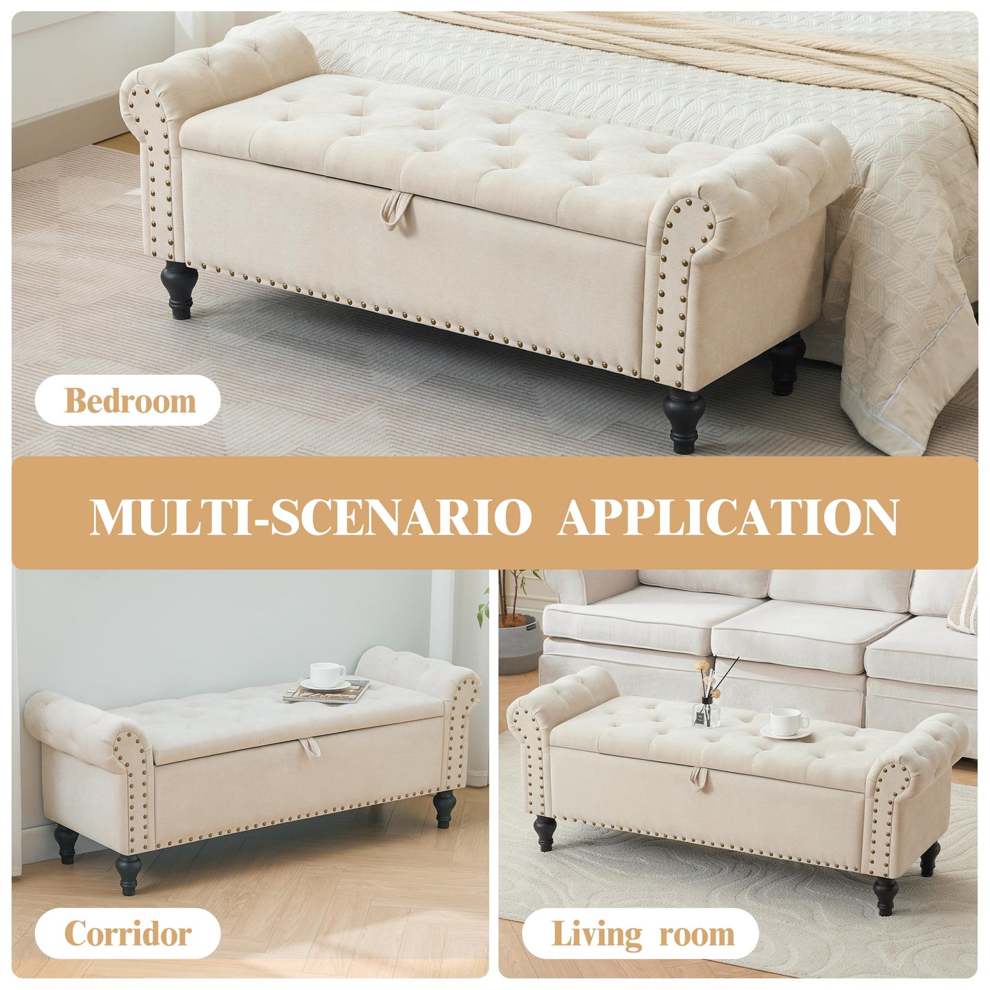 Howjoe 51" Bedroom Storage Bench, End of Bed Bench, Chenille Upholstered Benches, Ottoman with Storage, Window Benches with Rolled Arm and Nailhead Trim for Living Room, Entryway, Beige