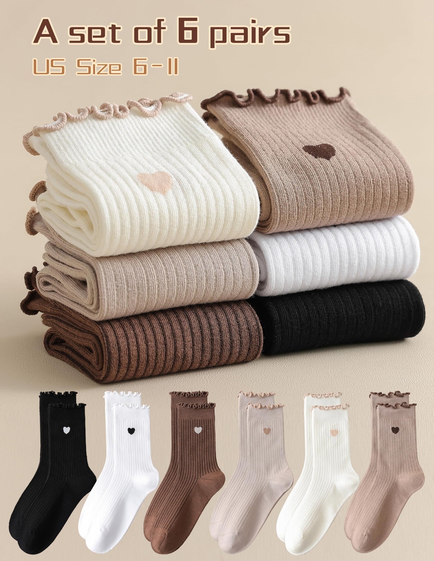 AIVEI Ruffle Socks Woman Frilly Cute Cozy Cotton Heart Aesthetic Neutral Dress Boot Crew Ankle Socks 6 Pairs, Gifts for Women Girls Mother