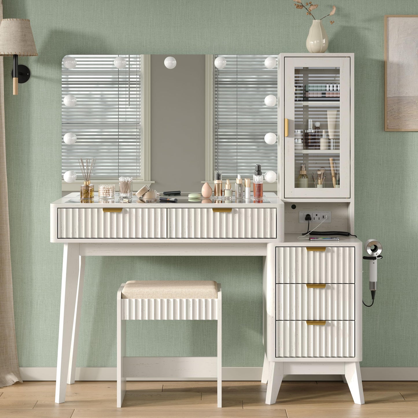 CollaredEagle Fluted Makeup Vanity Desk with 36" 11 LED Lights Mirror, 48" Big Modern Vanity Desk with 5 Drawers and Storage Shelves & Power Outlet, Glass Top for Bedroom, White