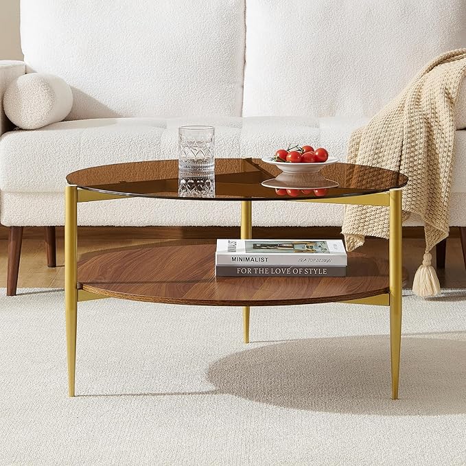 Pine Flicker Round Coffee Table, Mid-Century Modern Design, D30*H17 inch, for Living Room, 2-Tier Structure, Amber Glass Top and Walnut Wood Shelf, Sleek Conical Metal Legs with Gold Finish