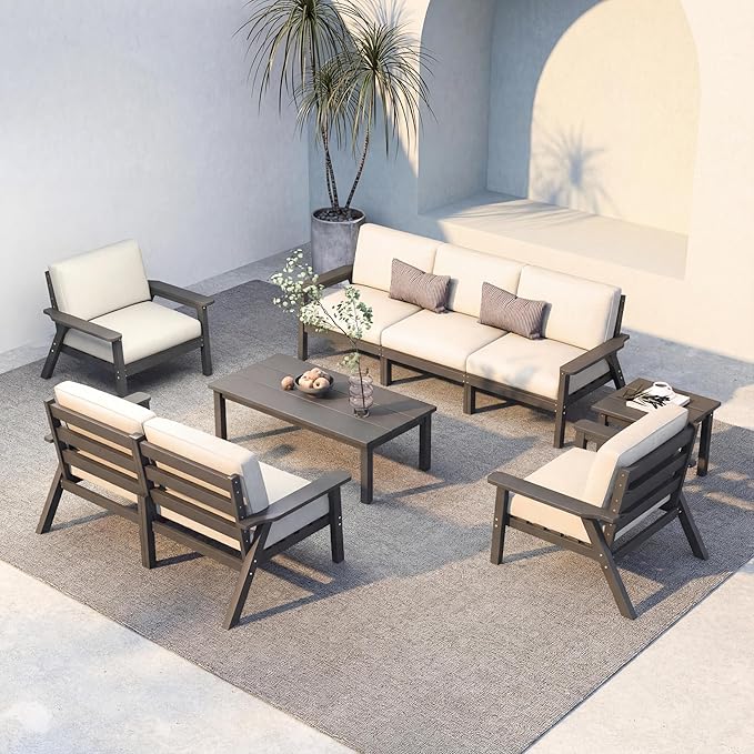 Patio Kingdom HDPE 7 Piece Patio Furniture Set, HDPE Outdoor Sectional with with Beige Thick Cushions, Coffee Table and Side Table, Patio Conversation Sets for Lawn, Garden, Porch (Grey Frame)