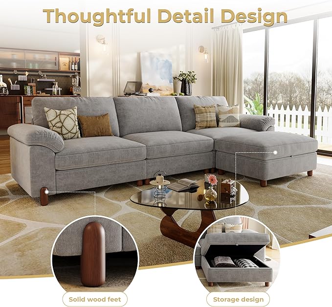 SITJOY 118" Oversized Sectional Couches for Living Room, Extra Large Deep Seat Modular Sofa with Washable Covers, 3 Seater L Shaped Couch with Chaise, Storage Ottoman, Chenille in Light Gray