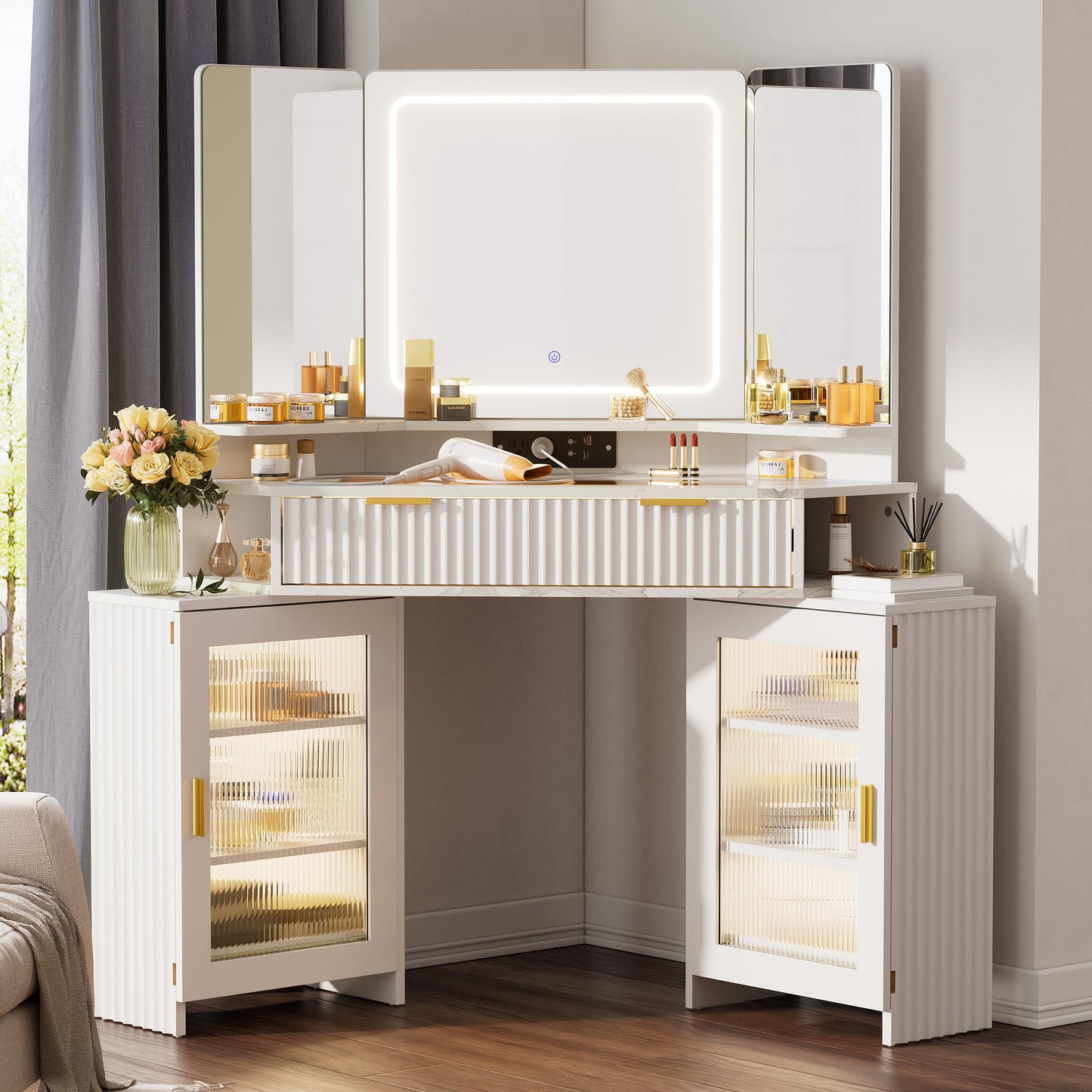 PAKASEPT Corner Vanity Desk with 3 Way Mirror and Lights, Fluted Makeup Vanity Desk with Glass Top, Charging Station, Storage Cabinets & Drawers, Small Corner Vanity for Bedroom