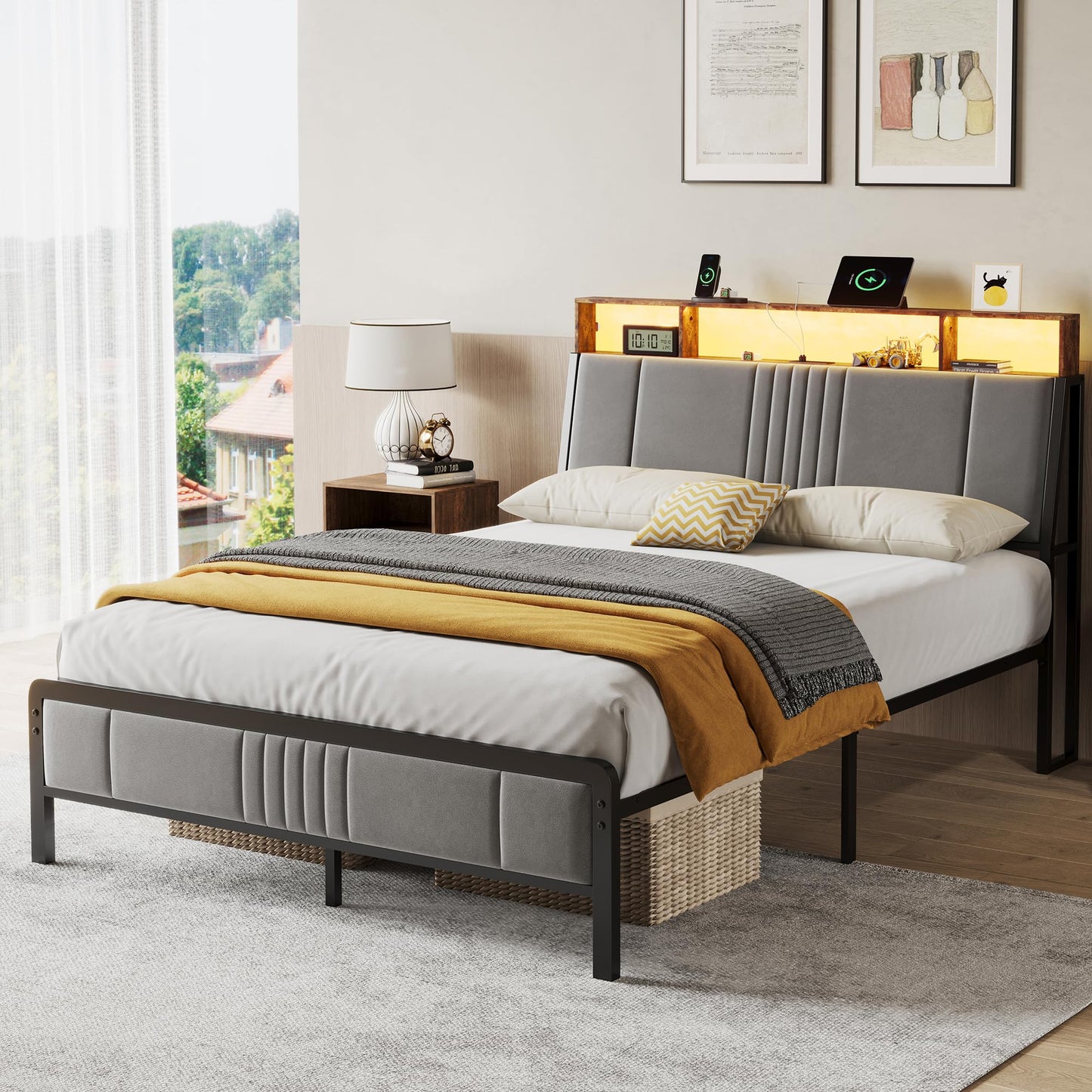 BedsPick Queen Bed Frame with Ergonomic Headboard, Upholstered Metal Platform Bed Queen Size with 2-Tier Storage, Charging Station, Smart LED Lights, Easy Assembly, No Box Spring Needed, Grey