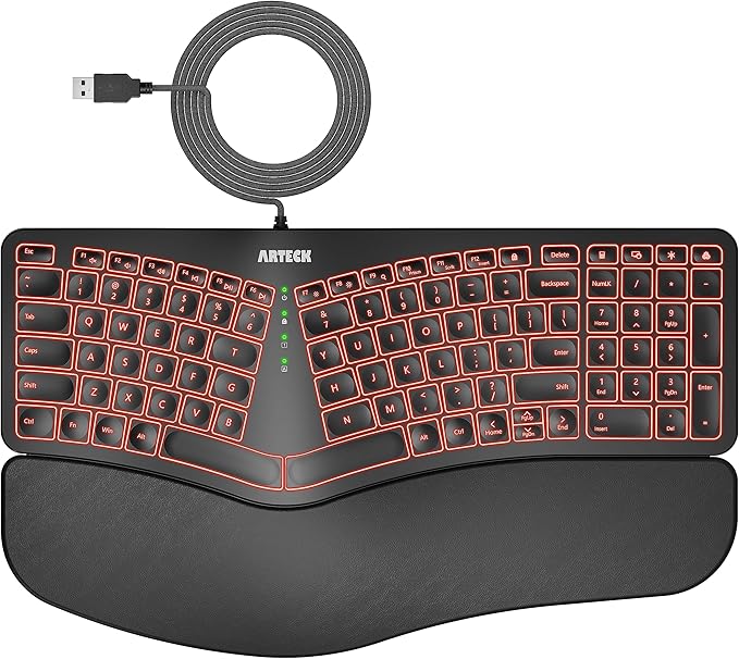 Arteck Ergonomic USB Wired Keyboard with Cushioned Wrist & Palm Rest, Backlit 7 Colors & Adjustable Brightness Comfortable...