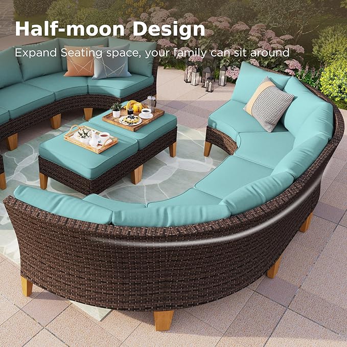 PHI VILLA 9-Piece Half Moon Patio Furniture Set with 56" Fire Pit Table, Outdoor Wicker Sectional Sofa with Aqua Blue Cushions, 2 Ottomans, Large Curved Conversation Seating for Garden or Backyard