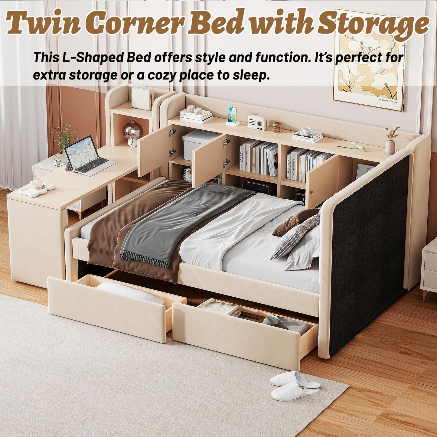 OYUMOENTS Twin Size Corner Bed, Corner Bed Frame Twin with Trundle & Shelves, Upholstered Daybed with USB & Outlet, No Squeaks for Kids Teens Adults, Beige