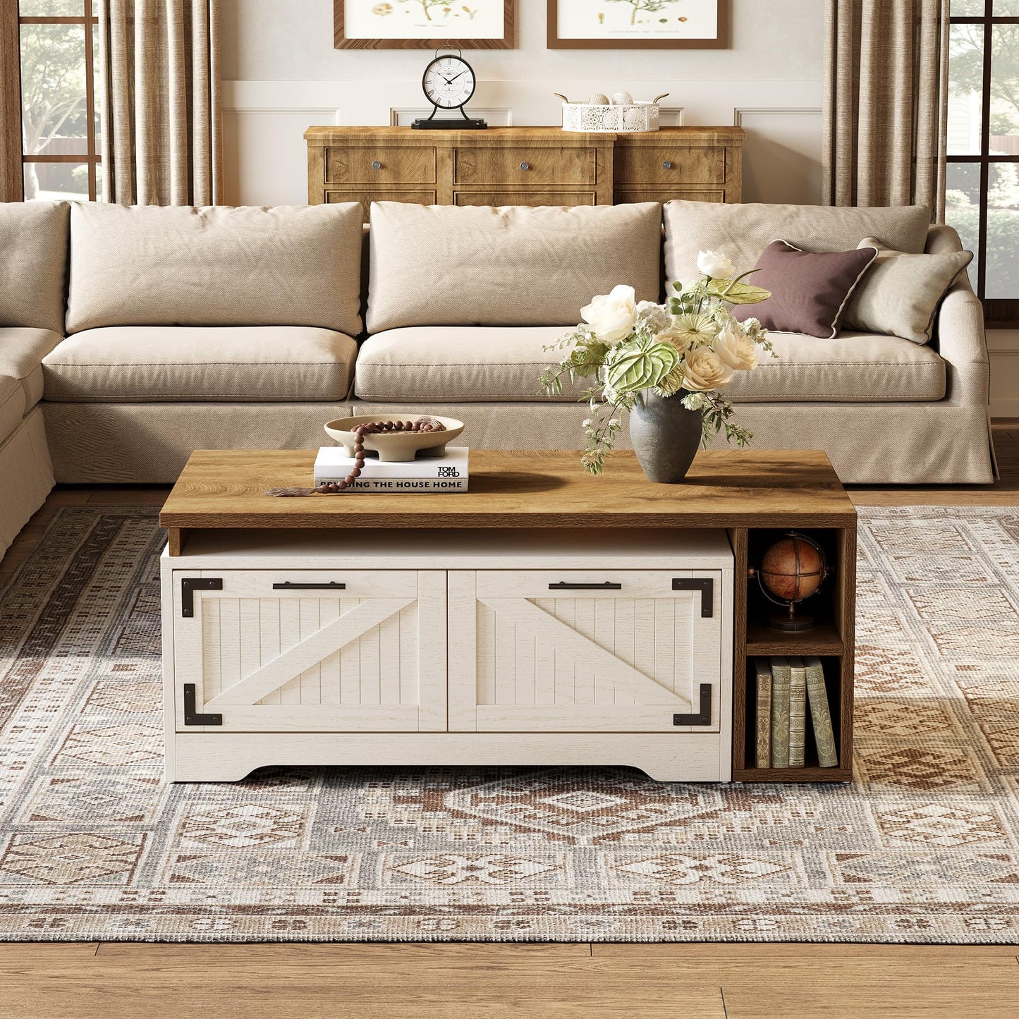 Tribesigns Extendable Large Coffee Center Table for Living Room, 47.24-Inch Farmhouse Rectangle Tea Cocktail Table with 2 Storage Drawers and Open Shelves, White and Rustic Brown