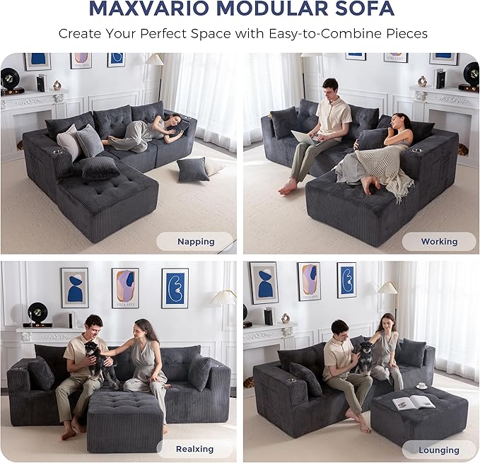MAXYOYO Modular Sectional Sofa Couch, L Shaped Modern Cloud Couch with Ottoman, Sofa in A Box, Tufted 4-Seat Boneless Sleeper Chair for Living Room, No Assembly Required, Grey